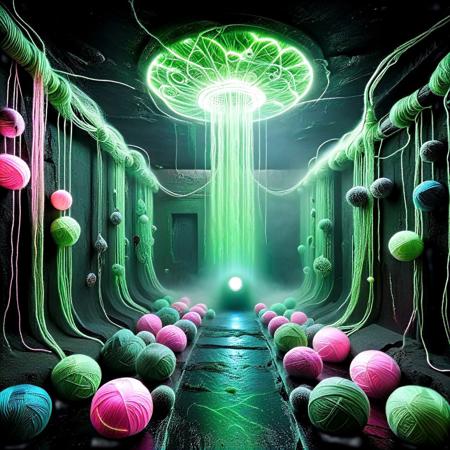 A gritty, neon-drenched cyberpunk/biopunk tunnel deep beneath a dystopian yarn city. The walls fuse sleek metal plating with tangled organic yarn growths — glowing mycelium-like veins, pulsing fiber optic cables, and crystalline yarn balls embedded in the walls. Down the center runs a channel of mystical glowing liquid — a viscous, radiant bio-fluorescent substance swirling with electric blues, neon greens, and hot pinks. Small biotech creatures with yarn-like appendages scurry along the edges, feeding on the liquid’s energy. Holographic runes flicker on the tunnel walls while steam vents fill the space with swirling mist and eerie reflections. The scene is ultra-realistic, cinematic lighting, Blade Runner meets biotech, 8K detail, techno-organic vibe with crisp textures and neon haze.