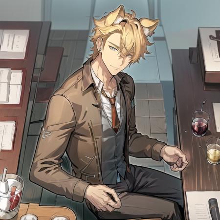 <lora:longshelan:0.5>, 1boy,  blonde_hair, aqua eyes, ((solo)), (sunglasses), earrings, ((dog ears)), jewelry, ,bishounen,cowboy_shot, dappled_sunlight,  (bare body), ((brown pants)),(((underwear))),male_focus,collared_shirt,couple_cup,drinking_glass,(((necktie))),jewelry,male_focus,muscular,muscular_male,necktie,necktie_grab,neckwear_grab,red_wine,ring,shirt,sitting,veins,veiny_arms,whiskey,wine,wine_glass,  god rays