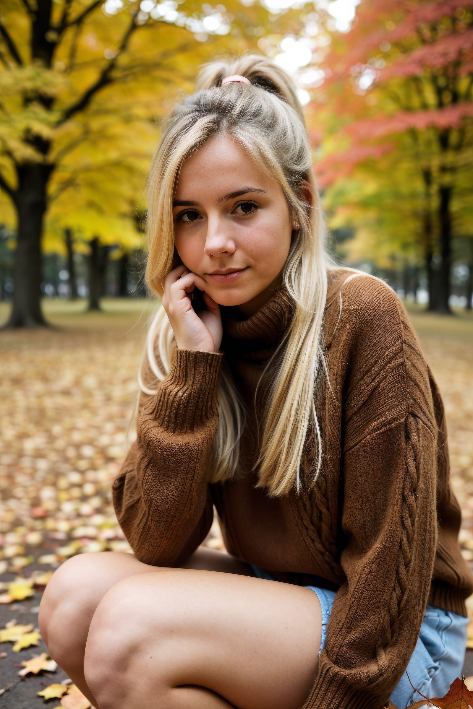 High detail RAW color photo professional photograph of a young Catalonian woman, mournful expression, (autumn park with fa...