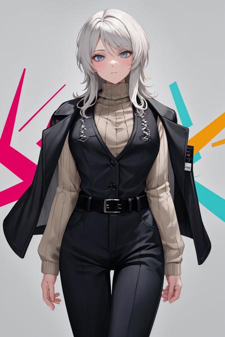 masterpiece, best quality, 1girl, solo, <lora:faust-lc-richy-v1:1> faust, black jacket, jacket on shoulders, turtleneck sweater, long sleeves, vest, belt, black pants, grey sweater, closed mouth, looking at viewer, id card