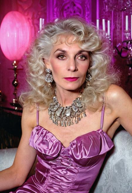 1boy,
A highly detailed best quality photography from the (year 1986:1.5) shows Debra, a slim (mature) American femboy in a contemporary bar room. He leans lasciviously on a stylish chaise longue, half sitting, half lying down and looks at the viewer with a demeaning and arrogant smile on his face. 
The androgynous face of the Sissy with (narrow-set) wide open light grey eyes, big (bent nose), (wide lower jaw) and an (underbite) is (odd) but tells the interesting story of a live. The aged skin is wrinkled and shows agespots.  The intricate wavy long white hair with (pink highlights) is elaborated. A heavy collar choker adornes the neck. He wears precious jewelry, Creole earrings and bangle bracelets. He wears a stunning and extravagant (1980s style evening dress:1.5). The futuristic 1980s style decadent and modern furnished room is painted in changing purple and silver colors. Futuristic wall lights create an intimate, subtle lighting atmosphere.