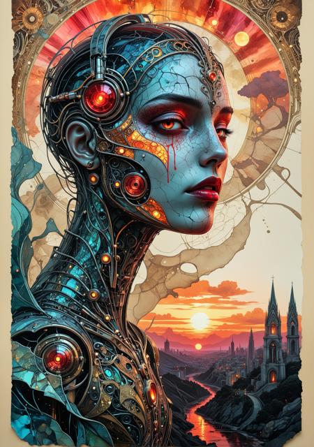 fantasy art deco, midjourneyv6.1, score_9, score_8, score_7, medieval romanticism neon glowing contoured filigree detailed transparent character layered rough textured comic syle ,artistic robotic body, podcast microphone in hand, masterpiece portrait cinematic magic art nouveau collage by Mucha flat perspective, high contrast, hyper realistic, intricate details ,dynamic intricated pose made of swirling colors on cracked scars and wounds close up dynamic color blood on the face abstract expressionism alcohol ink drawing double exposure swirling spiral diptych two parts in one art landscape ink cinematic portrait on cracked old antique burned paper, transparent earth panorama poster ultra detailed complex print transparent illustration detailed perfect face city lights , city panorama red sunset dynamic movement Craola Kuindzhi Dan Mumford Andy Kehoe expressive brushstrokes mixed with wash masterpiece , transparence intricated lighting, dynamic shadow play sparks , high deepness cinematic foggy<lora:lora\EnvyFantasyArtDecoXL01.safetensors:0.7000000000000001:0.7000000000000001><lora:lora\aidmaMidjourneyV6.1-v0.1.safetensors:0.7000000000000001:0.7000000000000001><lora:lora\Derelict_Faces.safetensors:0.9:0.9>