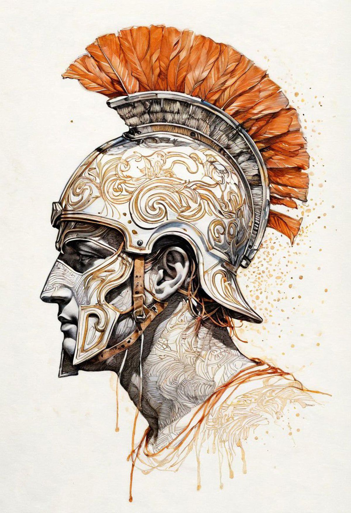 A close-up of a man wearing a gold and orange warrior helmet, possibly a Roman warrior.