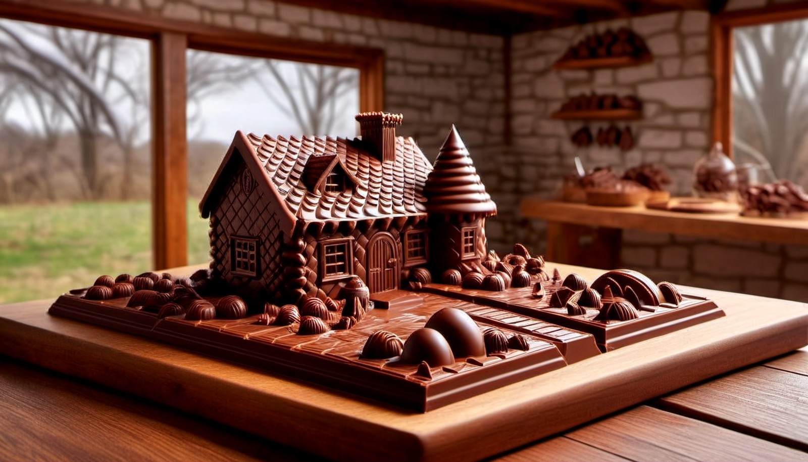 ChocolateRay, landscape of The Land of Oz from inside of a Cottage, it is Bright, it is wearing Bantu made entirely of cho...
