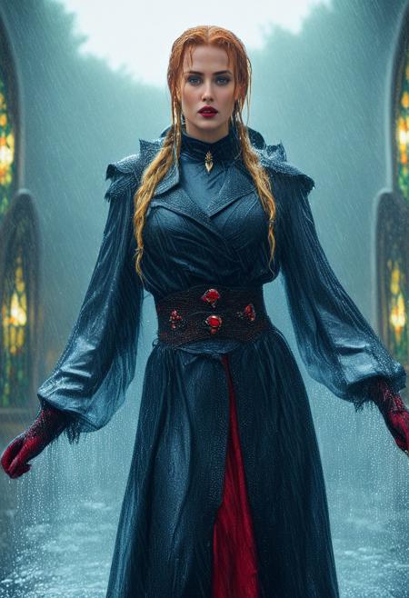 tearStyle2, nbn-freyja, (rainy background:2), indoors, standing, 1woman, solo, long hair, black choker, eyeliner, gorgeous lips, covered breasts, cinematic, best quality, ultra-detailed, very aesthetic, (natural eyes:1.4), freckles, aloof, (masterpiece:1.1), small waist, fitness body, wide hips, 32 years old, golden blond hair, censored, (big stained glass windows:1.4), (wet Victorian dress:1.6), (red ruby clothes:1.6), high end closure, Evil Queen, cinemascope, moody, epic, gorgeous, film grain, natural hands, red elbow gloves, knee boots, dramatic, ritual magic, freyja, auburn hair, braided hair, magic, Viking queen, mythic beauty, feathered cloak, fur, armor, robe, braid, rune jewelry, photorealistic, cinematic, flowers, jewelry, photorealism, cinematic lighting, high fantasy, mythic portraiture, soft background, northern folklore aesthetic, (fully dressed:2), (RAW photo), 4K, best quality, realistic, photorealistic, masterpiece, extremely detailed, an extremely delicate and beautiful, dynamic, realistic anatomy, candle lighting, perfect shading, professional shading, depth of field,  perfect skin, gentle, highly detailed, breathtaking, clear skin, (wet clothes:2.6), 1girl, solo, braid, long hair, wide sleeves, hat, outdoors, hair over shoulder, brown hair, single braid, sash, brown eyes, long sleeves.