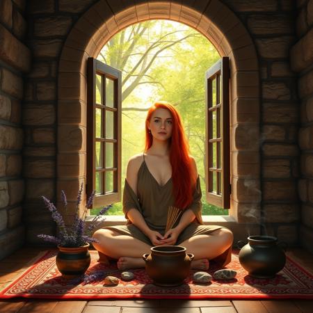 Fantasy-style image featuring a serene, stone-walled room with a large, open window overlooking a lush, sunlit forest. The layout includes a woman with long, vibrant red hair sitting cross-legged on a patterned rug. She has fair skin and is dressed in a flowing, earth-toned garment. In front of her, there are various items including a pot with lavender, a small cauldron, and a few stones. She holds a bundle of smoking incense sticks, with the smoke curling upwards. The stone walls and window frame are adorned with intricate Celtic knot designs, adding to the mystical atmosphere. The sunlight streaming through the window illuminates the scene, casting a warm glow on the woman and the surrounding objects.