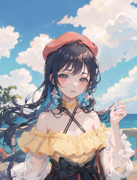 ((masterpiece)), (((best quality))), ((extremely detailed)), colorful, hdr, 1girl, solo,<lora:xinhua:0.6>, xinhua, beret,  ____,halterneck, bare shoulders, criss-cross halter
outdoor, sky, cloud