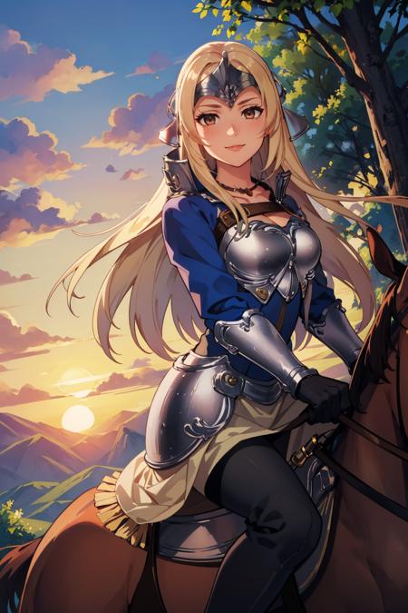 masterpiece, best quality, mathilda, helmet, armor, blue dress, pantyhose, black gloves, thigh boots, riding a brown horse, forest, furrowed brow, smile, sunset <lora:mathilda-nvwls-v1-000009:0.9>