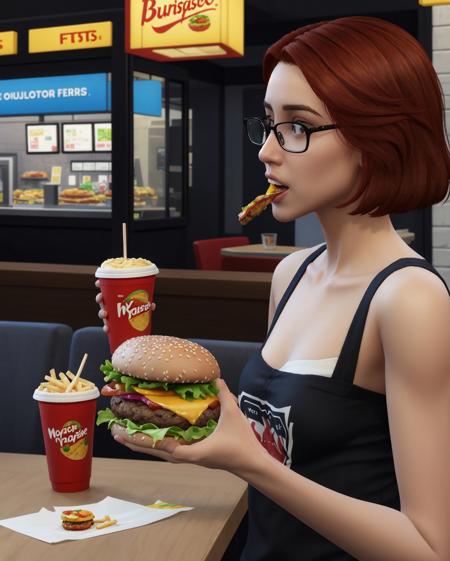 (masterpiece, best quality, high resolution:1.3), hyper-realistic photograph, <lora:el1z4TS4:0.6> el1z4ts4, short auburn hair, rectangular black-framed glasses, eating a burger and fries at a fast food restaurant