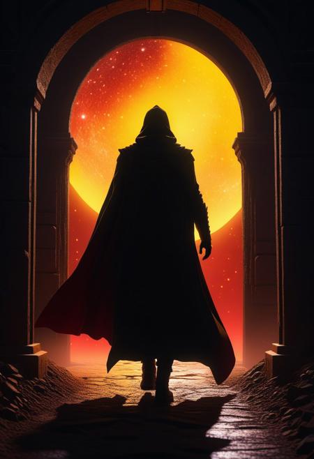 a silhoutte of a entity in cloak walking in a narrow split gate , a yellow and red beam of light coming from narrow split, dusty , splash art , nebula effect , stars . yellow red and black hues, 2020, low poly, isometric art, 3d art, high detail, artstation, concept art, behance, ray tracing, smooth, sharp focus, ethereal lighting, Drew Stuzan, highly detailed, Epic 3D Videogame Graphics, Intricately Detailed, 8K Resolution, Dynamic Lighting, Unreal Engine 5, CryEngine, Trending on ArtStation, HDR, 3D Masterpiece, Unity Render, Perfect Composition