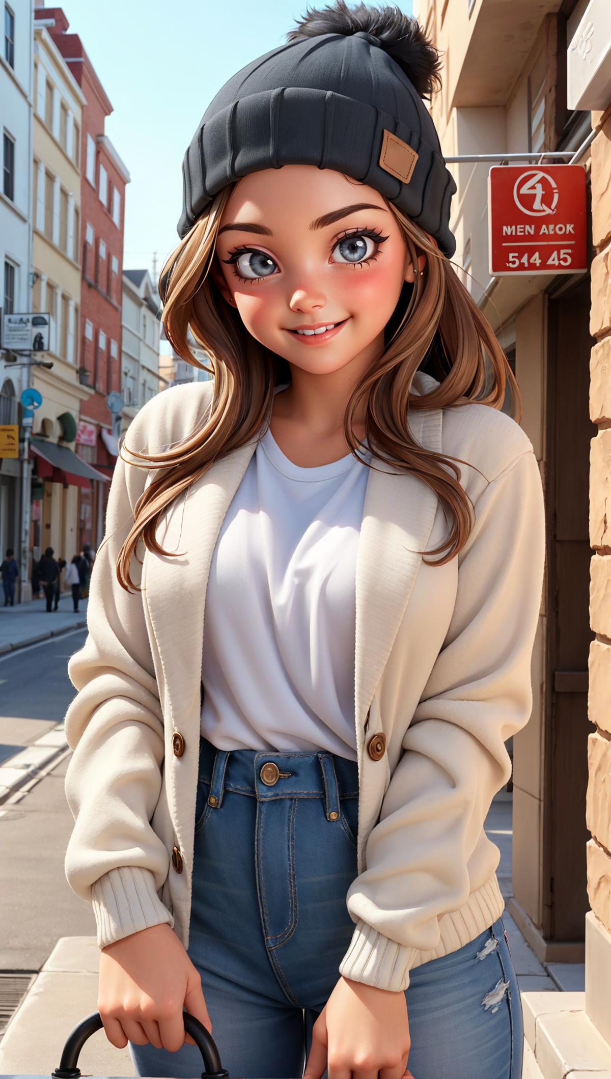 A 3D animated image of a woman wearing a white shirt and blue jeans smiling.