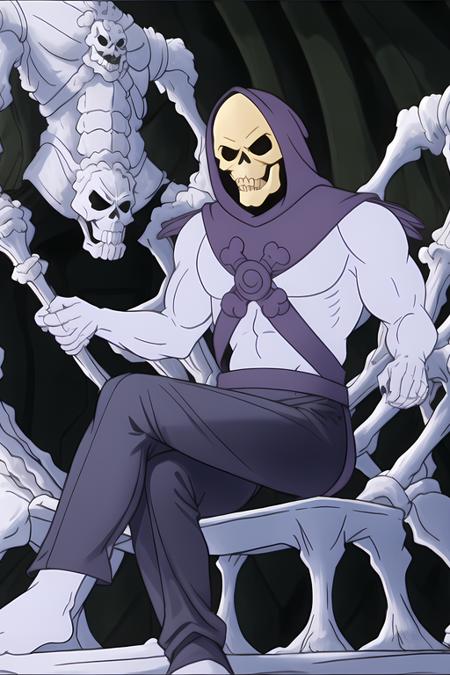 a photo of skeletor sitting on the bone throne, wearing long black pants