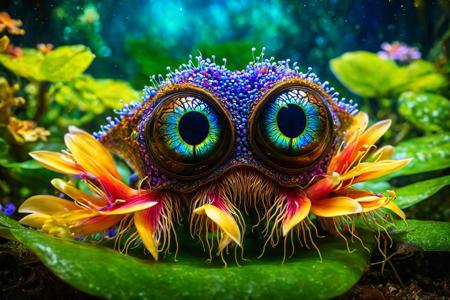 Majestic wildlife photography,astrobiology,a cute alien creature,furry,iridescent bioluminesence,giant eyes,unusual anatomy,ethereal,hoya flowers,<lora:XLæ¨¡æmidjourneyç»è´¨-æ0.1è³0.8:0.3>,reflecting the myriad colors of the unseen world,conveying an understanding beyond words,The background a tapestry of exotic plants and flowing streams,adds depth and complexity to the scene,The photograph shot with a macro lens to capture every intricate detail,creating a masterpiece that bridges the gap between fantasy and reality,Shot on a Canon EOS R5,with a focus on depth of field and vibrant color reproduction,