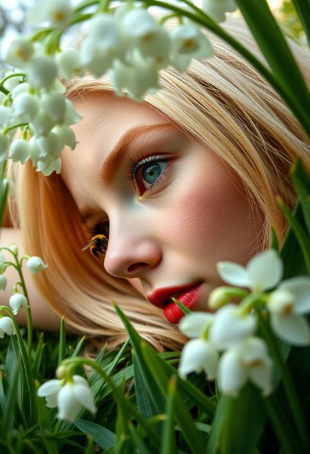 woman lying in garden with bee flying near her face