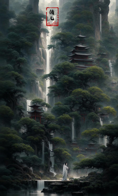 an painting in a style of oriental painting, in the style of matte painting, layered and atmospheric landscapes, rich and immersive, quiet contemplation, dark white and green, history painting, zen-inspired, grandeur of scale
highly detailed, dynamic, cinematic, stunning, realistic lighting and shading, vivid, vibrant, 8k,octane render, unreal engine, very detailed, concept art, realistic, Cry engine, wide shot
1 girlvery long hairwhite hair(upper body:1.1)
<lora:~Q?-g~ pine:0.9>