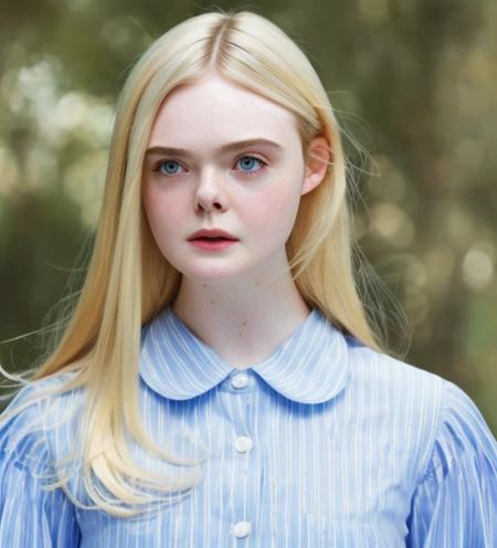 1girl, elle fanning, masterpiece,best quality, photorealistic, detailed, 4k, HDR, short neck, backlighting, light, RAW color photo,photo background, (fully in frame:1.1), detailed skin, pretty nose,simetrical eyes, young woman, blue eyes, 3113fann1ng3 <lora:ellefan:1>