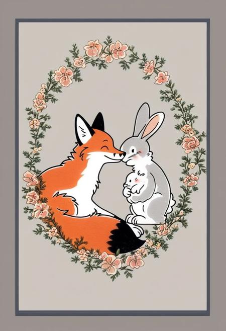 score_9, 1 fox and 1 rabbit are playing together