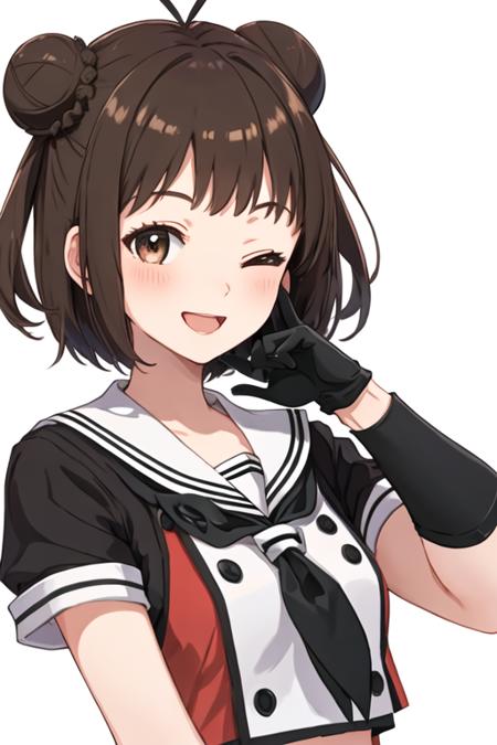 best quality, masterpiece, highres, solo, {naka_kantaicollection:1.15}, double_bun, hair_bun, brown_hair, short_hair, antenna_hair, brown_eyes, smile, serafuku, open_mouth, one_eye_closed, 1girl, looking_at_viewer, sailor_collar, school_uniform, upper_body, white_sailor_collar, black_neckerchief, neckerchief, black_gloves, gloves, white_background