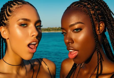 cmswnplnccft realistic multiple girls saliva 2girls saliva trail open mouth tongue yuri upper teeth only, after kiss, portrait, dark skin, dark-skinned female, Blacked 24 year old, supermodel, very skinny, petite, flat chest, Golden box braids, Noronhense real world location, teal eyes, fair skinned, best quality, RAW photo, subject, 8k uhd, high quality, photorealistic, high-end, Golden hour shot <lora:cmswnplnccXLrd:0.6>
