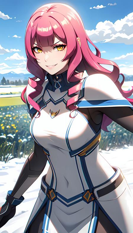 white armor blue trim blue miniskirt long hair pink hair yellow eyes thighhighs