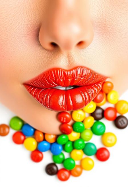 Closeup of a woman made out of m&m candies, white background