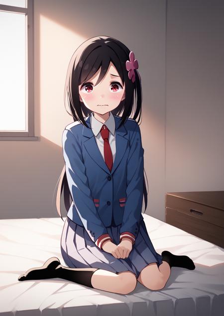 HitoBocchi, 1girl, solo, red eyes, long dark brown hair, side ponytail, hair flower ornament,  HitoBocchi, 1girl, solo, red eyes, long dark brown hair, side ponytail, hair flower ornament, school uniform, blue jacket, sky blue skirt, red bowtie, black socks, brown shoes,  HitoBocchi,  