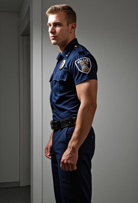 Ultra-realistic side view of a 20-year-old handsome Caucasian male police inside a clean, modern police station. He wears a tight, short-sleeved navy police uniform and a loaded black duty belt. His upper body is slim and lean, with narrow shoulders, while his lower body is extremely muscular with the most exaggerated possible plump glutes stretching the fabric of his uniform pants tight pants and big PenisQuiron . He stands tall in a confident stance, looking back over his shoulder at the viewer with a calm, self-assured expression. Bright overhead lighting, sharp focus, full body in frame, crisp shadows, high detail, photorealistic.