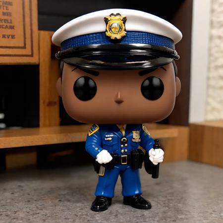 <lora:Funko Test:.7>, Funko, African, very dark skin, male, man, police officer, uniform, cafe, store