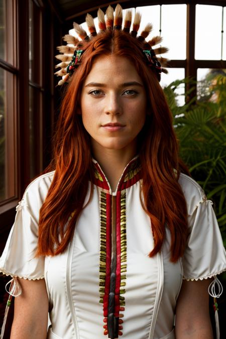 native american costume ,  conservatory , evening <lora:Rose_Leslie:1> masterpiece, best quality, detailed face, a mature r1873l, 1girl, solo, red hair,