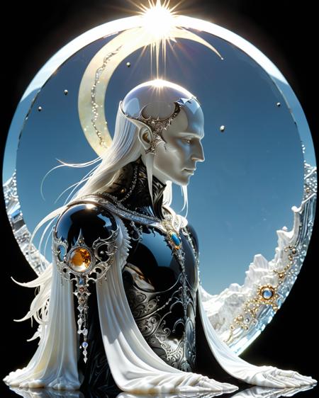 Elric of Melnibone, stormbringer, sunlight shining through gemstone of semi-precious stone, E, Kay Nielsen , water, reflections, transparency, arch, alien moon ,  volumetric lighting, warrior, prismatic effect, chrome, silver, alabaster, crescent moon,  illuminated face, full body, <lora:add-detail-xl:1.0>  <lora:xl_more_art-full_v1:0.5>