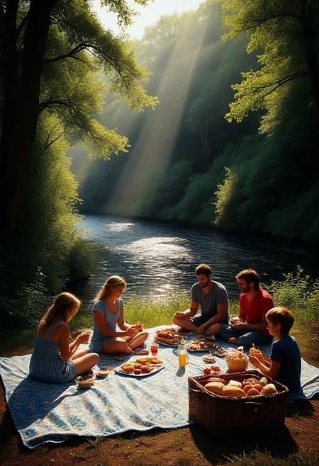Create a hyperrealistic scene of a group of friends enjoying a picnic by a slow-moving river, with sunlight filtering through the trees. Blend Yigal Ozeri’s delicate figure work, Ivan Fedorovich Choultsé’s glowing, atmospheric landscapes, and Don Jacot’s hyperdetailed still life technique for the picnic food and objects. Capture the soft interplay of light through the foliage, the serene river reflecting the warm tones, and the intricate details of the picnic setting, ensuring a perfect balance of natural beauty, human presence, and fine detail.

