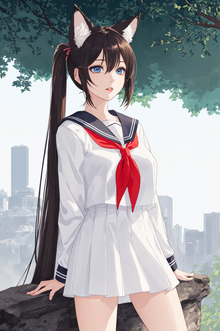 (masterpiece, top quality, best quality, official art, beautiful and aesthetic:1.2), (1girl:1.3), extreme detailed, colorful, highest detailed, ((ultra-detailed)), (highly detailed CG illustration), ((an extremely delicate and beautiful)), solo, outdoors, sibuya/, (tokyo/), standing, black hair, long twintails, blue eyes, large breasts, (serafuku:1.5), spread legs, realistic, fox ears, animal ears, kitsune tail