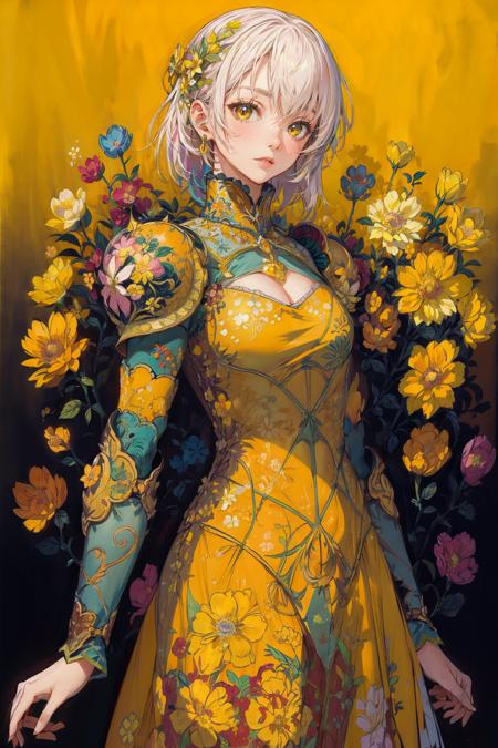 woman, flower dress, colorful, darl background,flower armor,yellow theme,<lora:Iridescence:0.75>, <lora:add_detail:1>