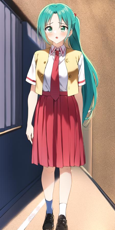 1girl, ponytail, green hair, (long hair), green eyes, school uniform, collared shirt, red necktie, yellow vest, open vest, red skirt, shoes, socks, short sleeves,
full body, standing,
<lora:SonozakiMion:0.7>, sonozaki mion,
 <lora:PentagonRailgunStyle:1>