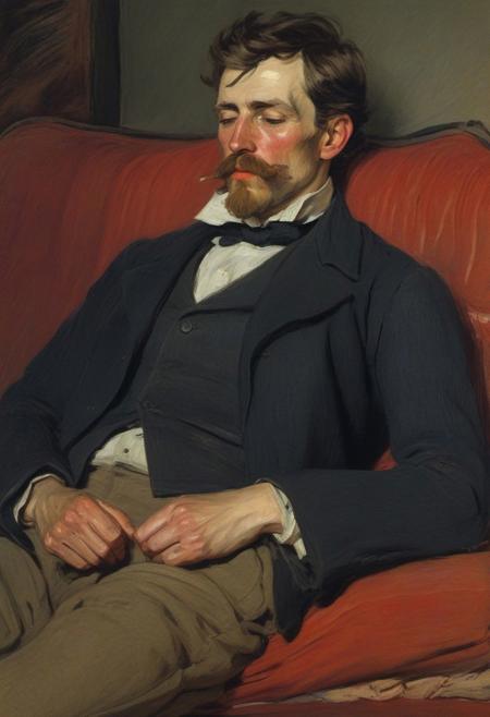 impressionist painting with rough brush strokes by Berthe Morisot, full portrait of drunk man with long moustache sleeping on wagon couch, 1700 farmer, toned body, , chiseled cheeks, short messy hair, red shorts, night time, (drooling from parted lips, saliva on chin:1.5), detailed textures, simple necklace, night lighting,