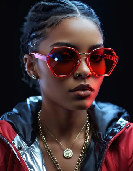 1girl, black background, parted lips, realistic, sunglasses, dark-skinned female, glasses, digital media \(artwork\), portrait, dark skin, lip piercing, tinted eyewear, red jacket, futuristic glasses, nose piercing, detailed, extremely, stunning, glowing, beautiful, dramatic light, sharp focus, fine detail, striking, incredible, highly intricate
 <lora:FuturisticGlassesXL:.6>, , <lora:FILM_PHOTOGRAPHY_STYLE:0.25>