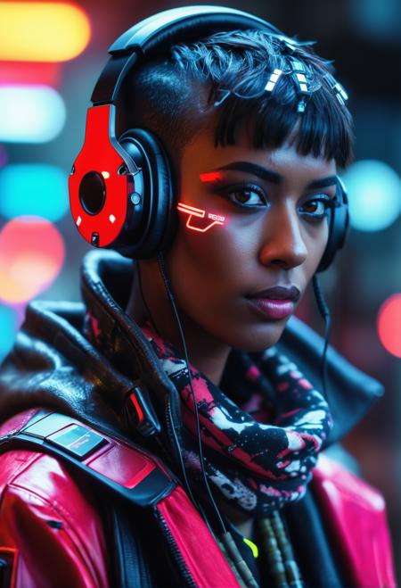 score_9, score_8_up, score_7_up  zPDXL3  (futuristic cyberpunk hacker) young woman, south african, dark skin, black eyes, Average build, medium brown bangs hair with shaved sides, ear piercings,nose ring, wearing a cyberpunk red tech suit with augmented reality interface, platform boots with neon highlights, fingerless gloves,tech headset,digital camo scarf, EMP device, set in a high-tech hideout, with sleek workstations, glowing monitors, a futuristic vibe , at night  zPDXLrl