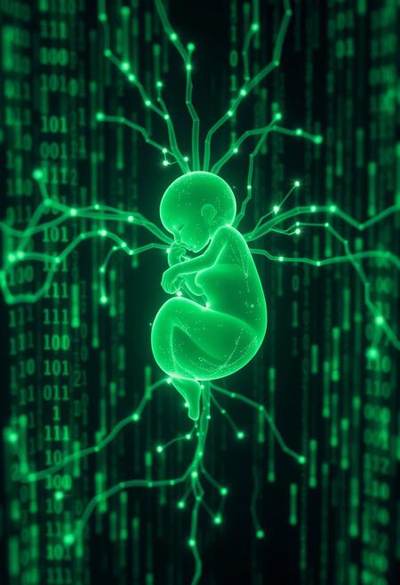 matrix of glowing translucent binary digits of code cascading, comprised of detailed vertical cascading streams of glowing green Matrix-like code, depth of field, code droplets in shape of human embryo connected to intersection of nodes in circulatory system, ultrasound detailed sonogram