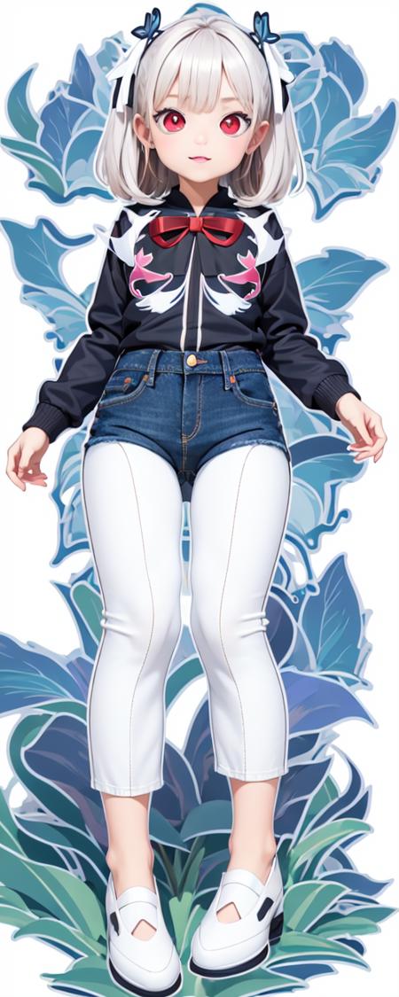 masterpiece, best quality, 1girl, (white outline vector graphics:1.6), ribbon, bow, black long sleeves jacket, full body, long denim pants, looking at viewer, hair ribbon, green butterfly, red eyes, (realistic_nose:-1)