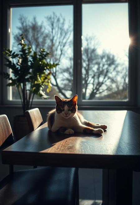 (Soft Lighting Photography by Mimoza Veliu and Mario Giacomelli:1.2), NSFW, 
fine art photo depicts a cat, laying on the dinning table looking at viewer, indoor in a minimalism design room, windows, Sunny. trees. The lighting is soft. view from the top,