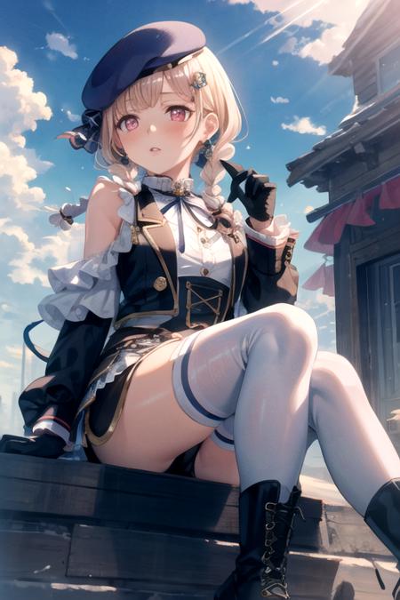 <lora:NanamiHiromachi-02:0.7> , nanami, 1girl, solo, looking at viewer, blush, skirt, shirt, hair ornament, red eyes, thighhighs, gloves, long sleeves, hat, ribbon, jewelry, sitting, hair ribbon, braid, earrings, boots, outdoors, parted lips, sky, shorts, cloud, white gloves, black footwear, vest, twin braids, white thighhighs, clothing cutout, beret, cloudy sky, blue ribbon, light rays, shoulder cutout, lamppost