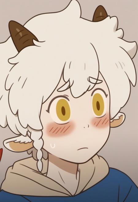 1boy, solo, animal ears, horns, white hair, male focus, yellow eyes, braid, short hair, blush, devil tail,