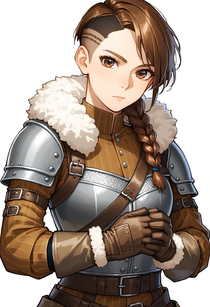 score_9, score_7_up, source_anime, half body, 1girl,  lumberjack, African, black skin, brown eyes, long dark brown hair, undercut hairstyle, side braid, looking at the viewer,   bulky medieval fur-trimmed leather armor, fur wrists, (fur-trimmed long brown gloves:1.8), brown fur pants, steel pauldrons, (gorget:2), empty hands, medieval fantasy, belt, white background