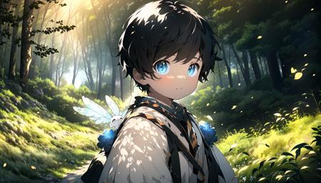 (masterpiece:1.2),best quality,highres,original,(extremely detailed wallpaper:1.3),(extremely detailed CG:1.2),1boy,male child,solo,upper body,forest,fairy,standing,outdoors,dappled sunlight,facing viewer,looking at viewer,, masterpiece, best quality,