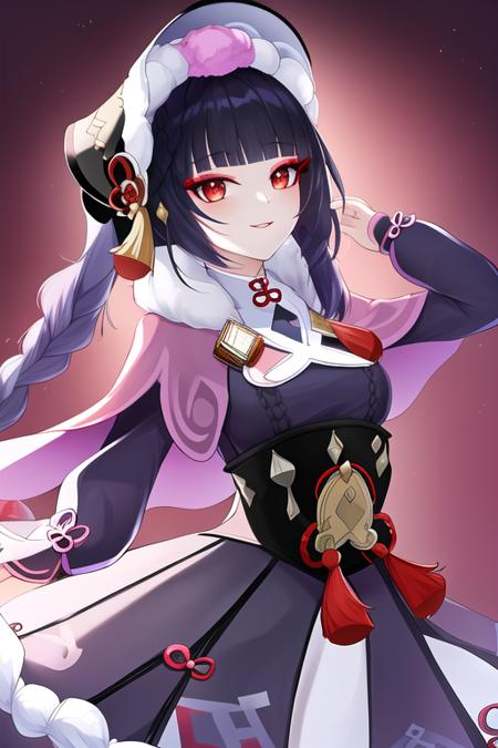 masterpiece, best quality, highres, solo, {yun_jin_genshin:1.10}, bangs, blunt_bangs, long_hair, red_eyes, black_hair, bonnet, capelet, smile, vision_\(genshin_impact\), tassel, purple_hair, pink_capelet, lolita_fashion, makeup, closed_mouth, breasts, 1girl, dress, eyeshadow, fur_trim, long_sleeves, looking_at_viewer, braid, parted_lips