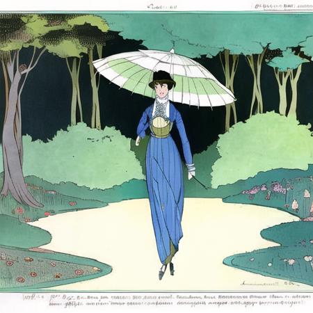 <lora:fashionplate:1>, fashion plate, edwardian, yellow dress, umbrella, walking, promenade dress, forest, art nouveau