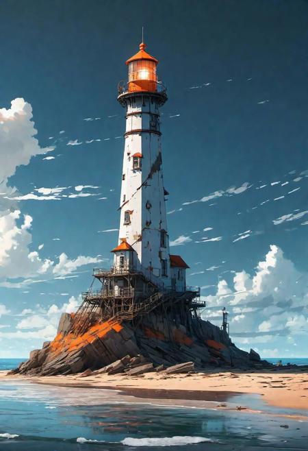 A tall lighthouse on a beach, on a deserted island, in the style of precise, detailed architecture paintings, mecha anime, industrial-inspired, dark white and orange, i can't believe how beautiful this is, fragmented planes, sky-blue, deep aesthetic, intricate, highly original, innocent, alive, enhanced, sharp focus, rich cinematic quality, dramatic light