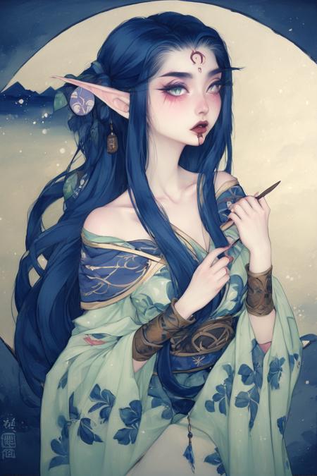 painting of beautiful NightElf 1girl, Hokusai style