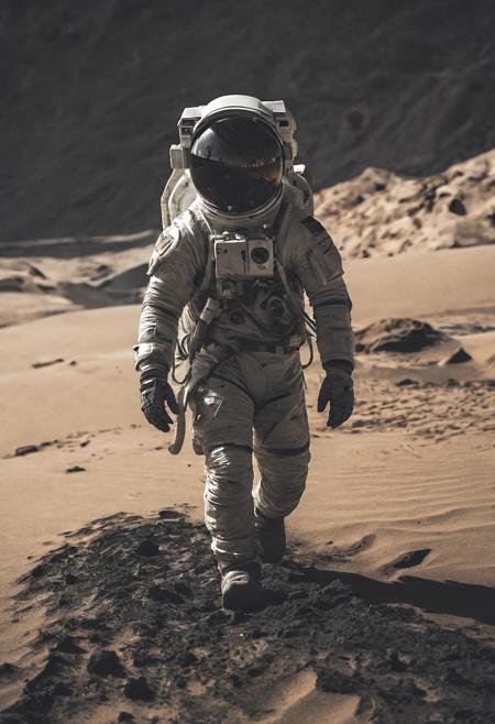 photo of astronaut walking in a desert planet with obsidian dark sands