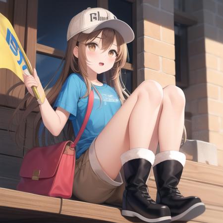 (masterpiece, best quality:1.2),illustration,8k,hd,1girl,solo,baseball cap,blue shirt,brown eyes,brown hair,brown shorts,child,clothes writing,flat cap,grey headwear,short shorts,grey shorts,hat,holding flag,light brown hair,hair between eyes,shoulder bag,very long hair,oversized clothes,oversized shirt,short sleeves,small breasts,black boots,<lora:Platelet>,